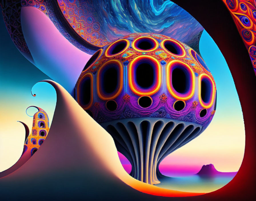 Colorful surreal landscape with organic shapes and patterned sphere