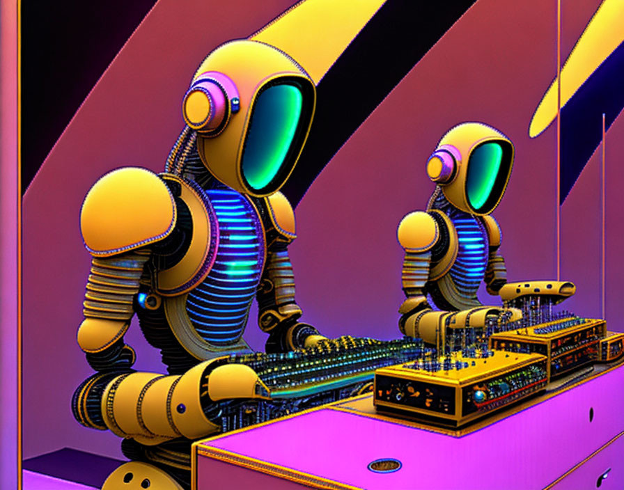 Futuristic robots DJing with turntables in neon-lit setting