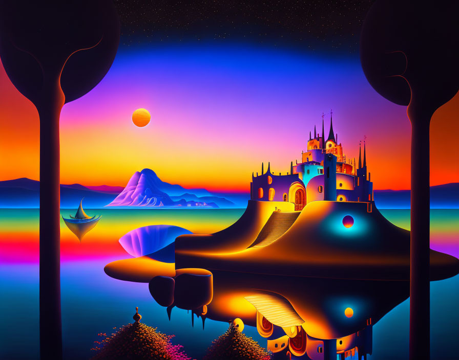 Vibrant landscape with castle, colorful trees, sailboat, sunset sky, and moon