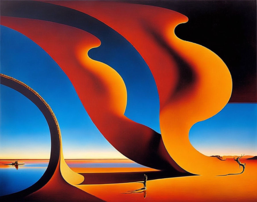 Surrealist desert landscape with flowing flame-like structures