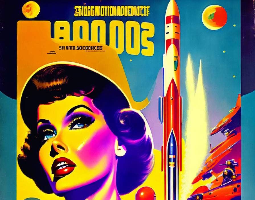 Retro space-themed poster with stylized woman, rockets, and celestial bodies