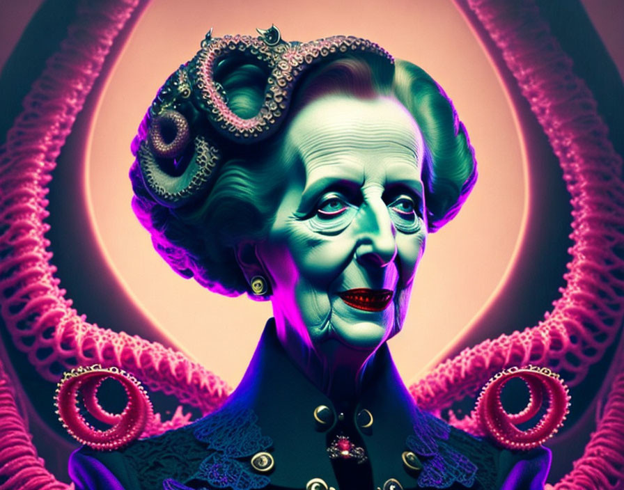 Elderly woman with octopus tentacles in hair on psychedelic background