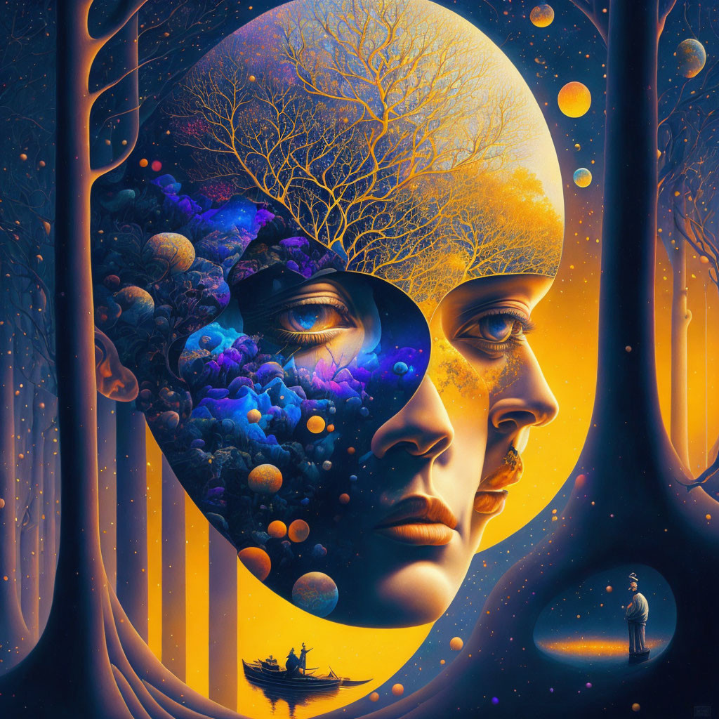 Surrealistic artwork: face split between cosmic scene and autumn forest