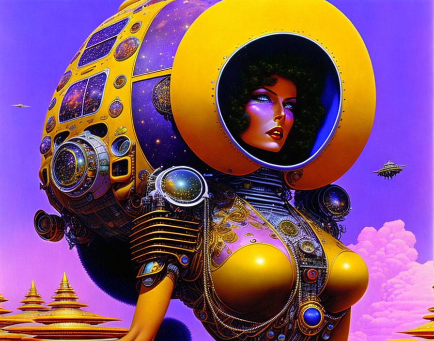 Futuristic sci-fi illustration of woman in elaborate helmet and suit against alien landscape