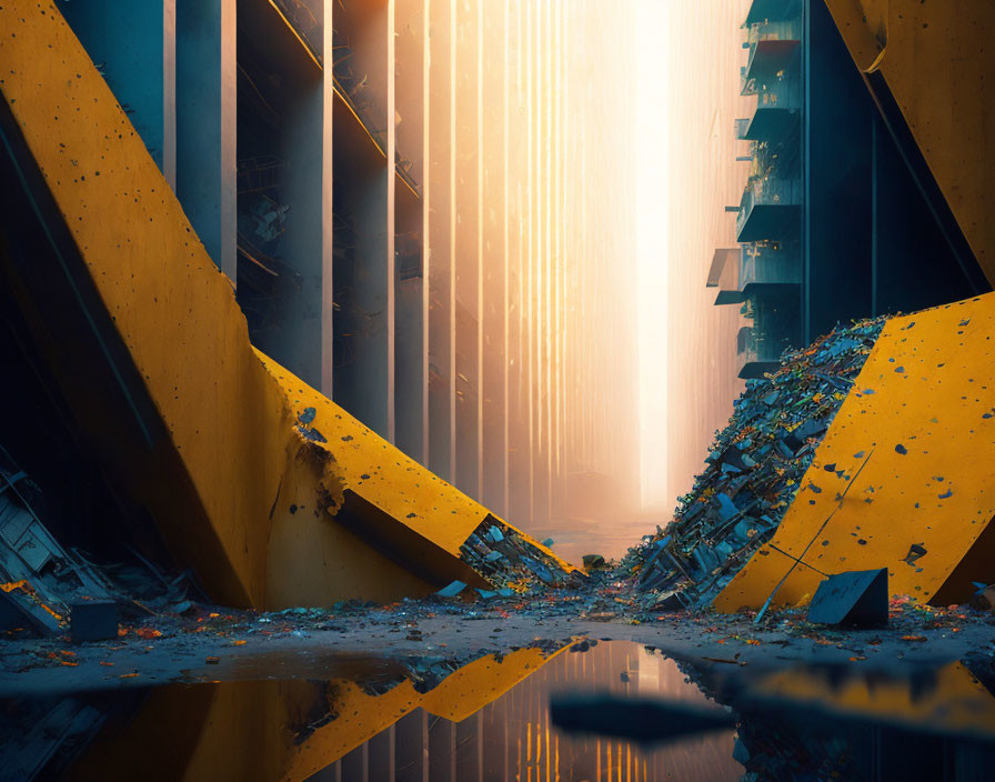 Desolate post-apocalyptic cityscape with shattered debris and sunlight reflections.