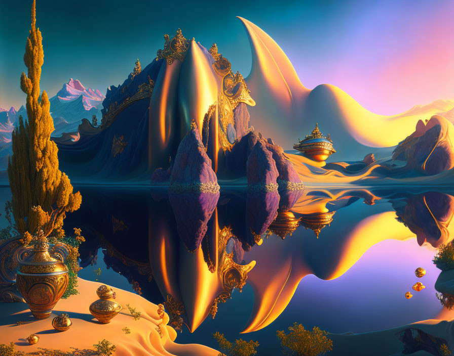 Surreal landscape with floating islands and vibrant skies