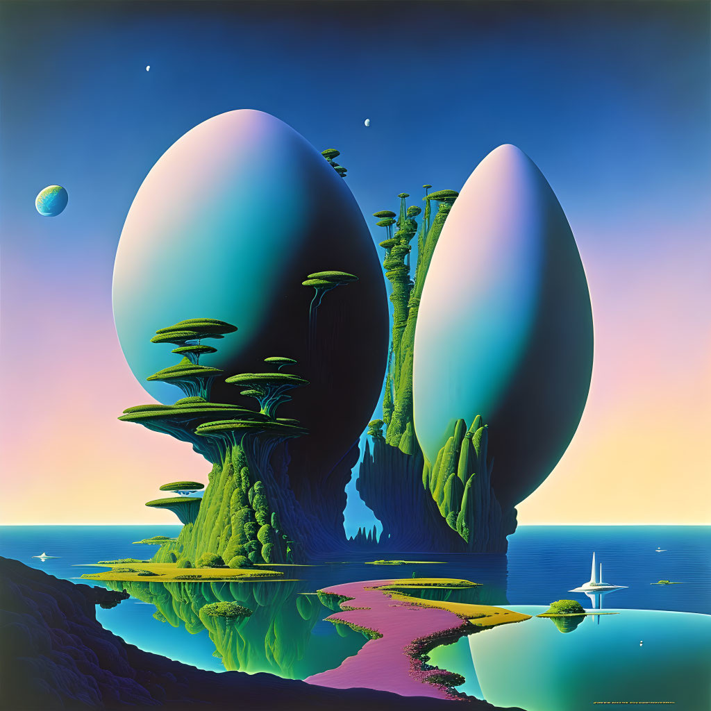 Surreal landscape featuring egg-shaped structures, boat on azure waters, and distant planet