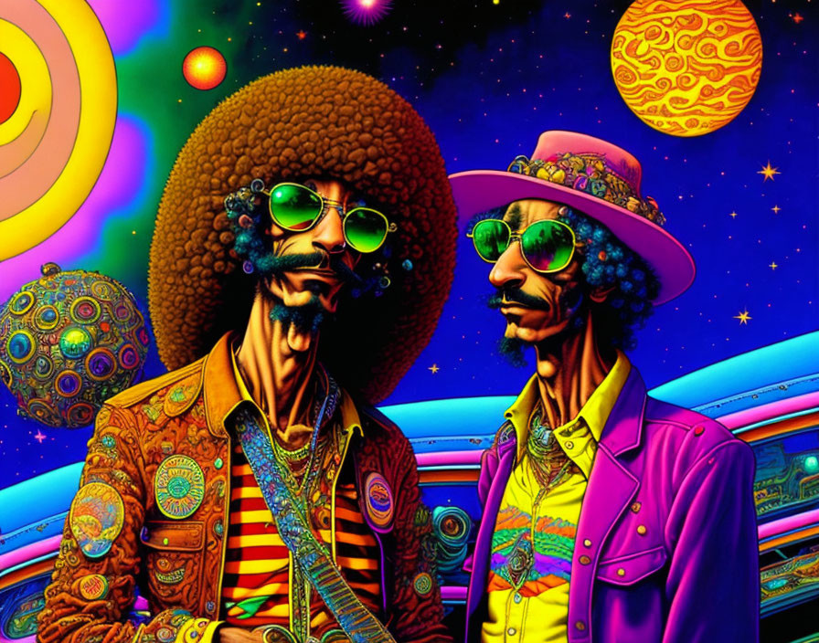 Stylized characters with afros in 70s outfits on vibrant space backdrop