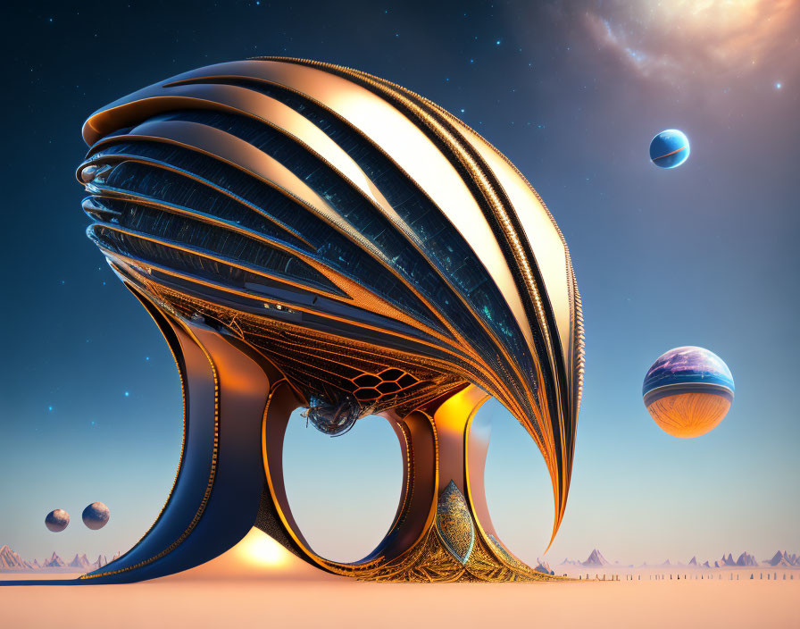 Futuristic spaceship-like structure in surreal alien desert landscape