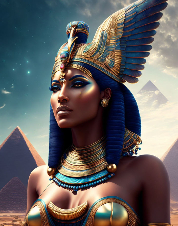 Digital Artwork: Woman with Egyptian Headdress and Pyramids at Night