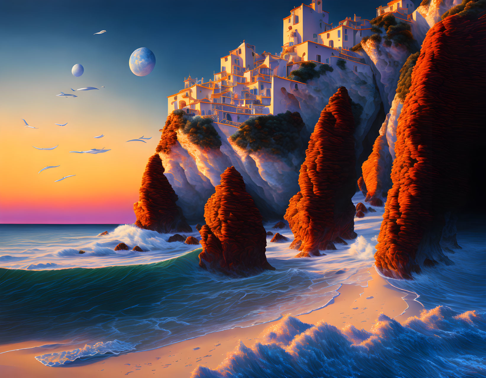 Coastal sunset scene with red cliffs, village, beach, and twin moons.