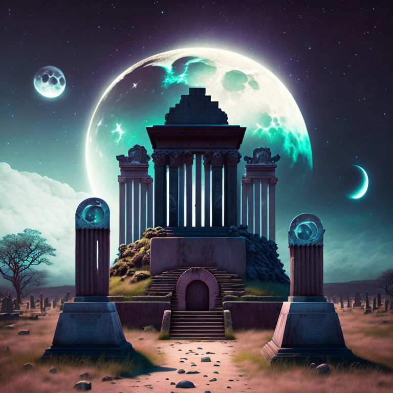 Ancient temple on hill under large moon, surrounded by graves and stone columns