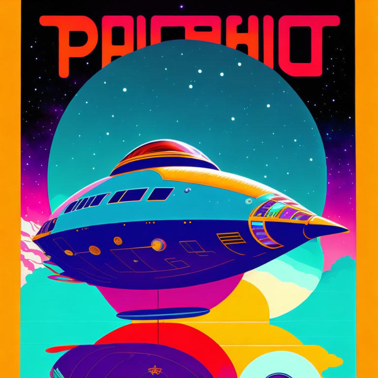 Vibrant retro-futuristic spaceship poster with "PANORAMIC" on gradient background