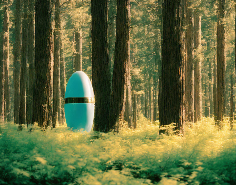 Turquoise and Silver Capsule in Sunlit Forest