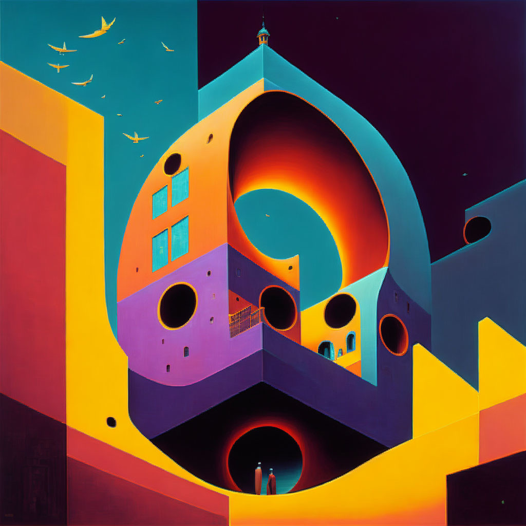 Colorful Surrealist Painting: Spiral Building, Birds, Silhouetted Figures