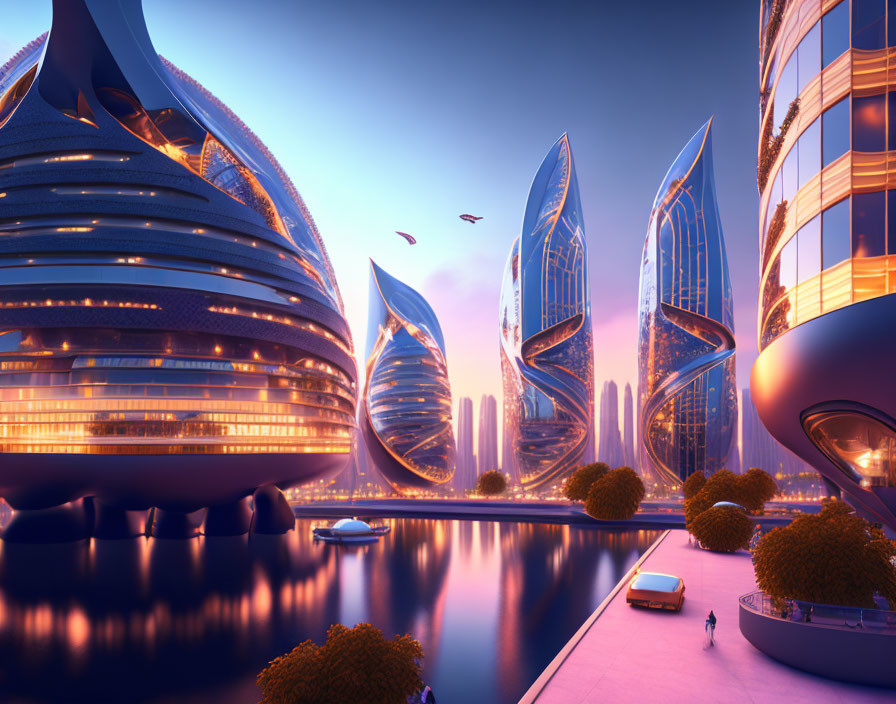 Futuristic cityscape with curvilinear skyscrapers at dusk