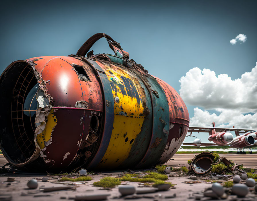 Weathered jet engine with peeling paint on tarmac, plane in background, cloudy sky.