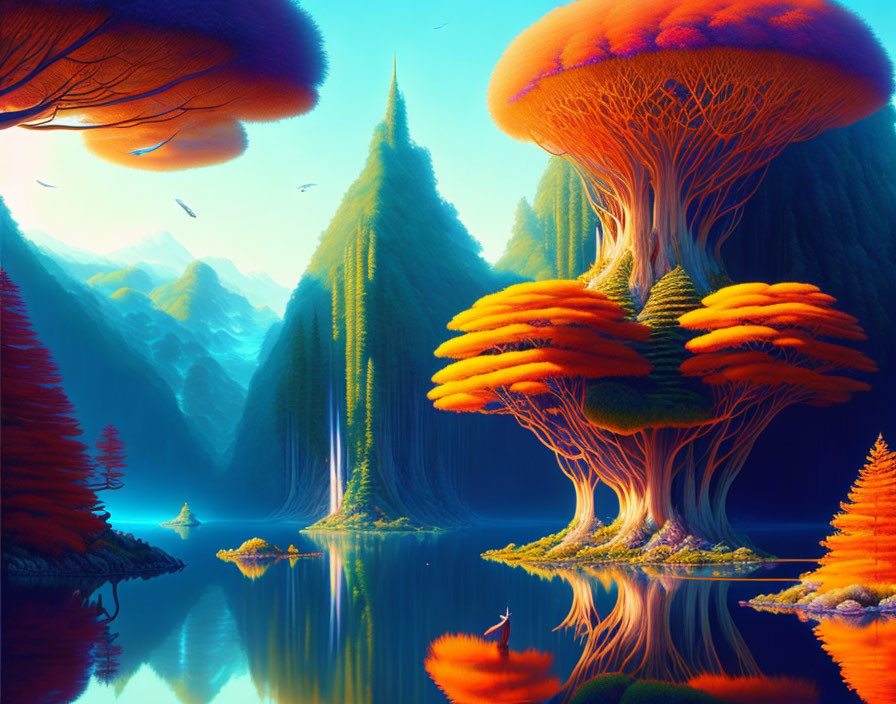 Colorful fantasy landscape with mushroom-like trees, river, and mountains