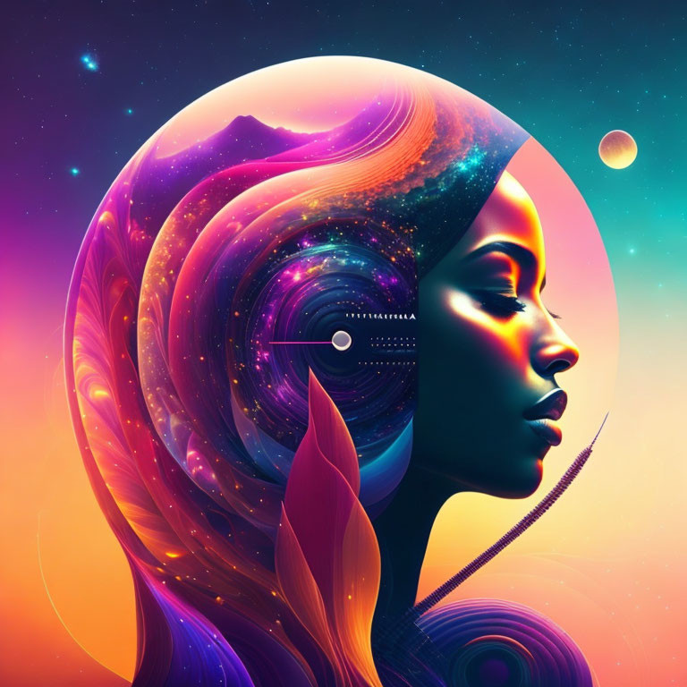 Colorful profile illustration of woman with cosmic hair on sunset background