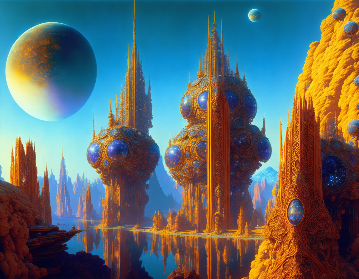 Vibrant Sci-Fi Landscape with Orange Rock Formations and Celestial Bodies