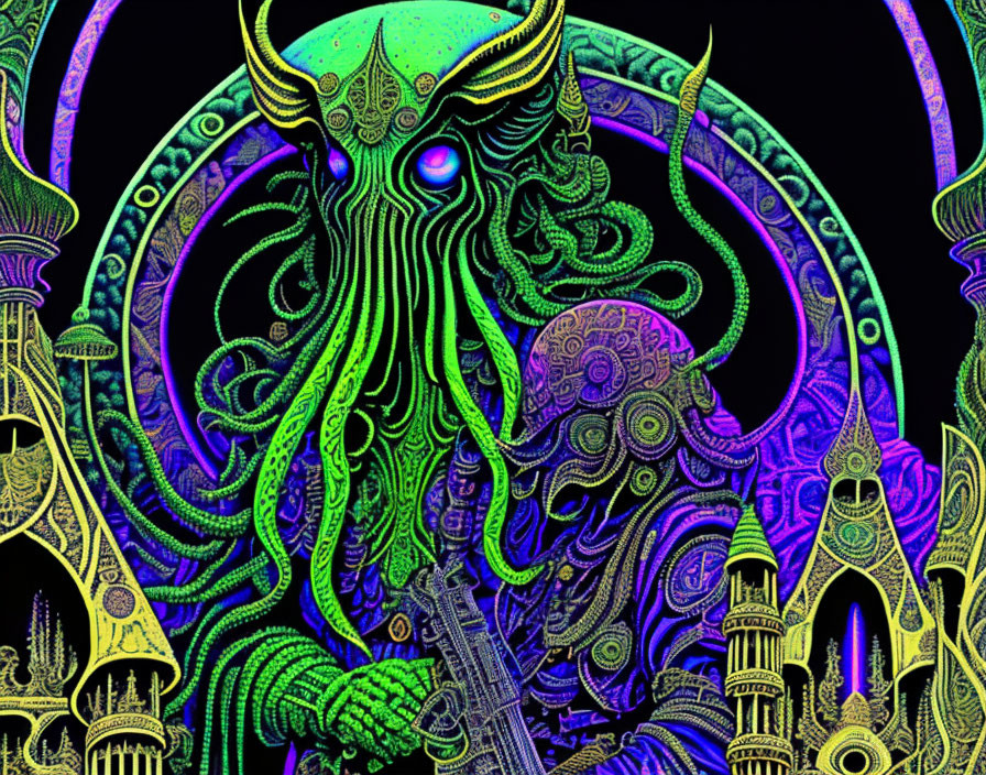 Colorful Cthulhu-like creature with tentacles in cosmic setting.