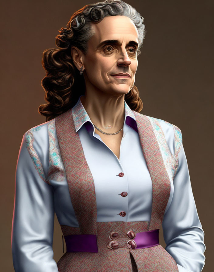 Digital portrait of person with curly gray hair, patterned blazer, white shirt, purple belt,