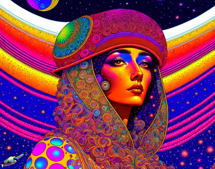 Colorful digital artwork of woman with cosmic and psychedelic themes