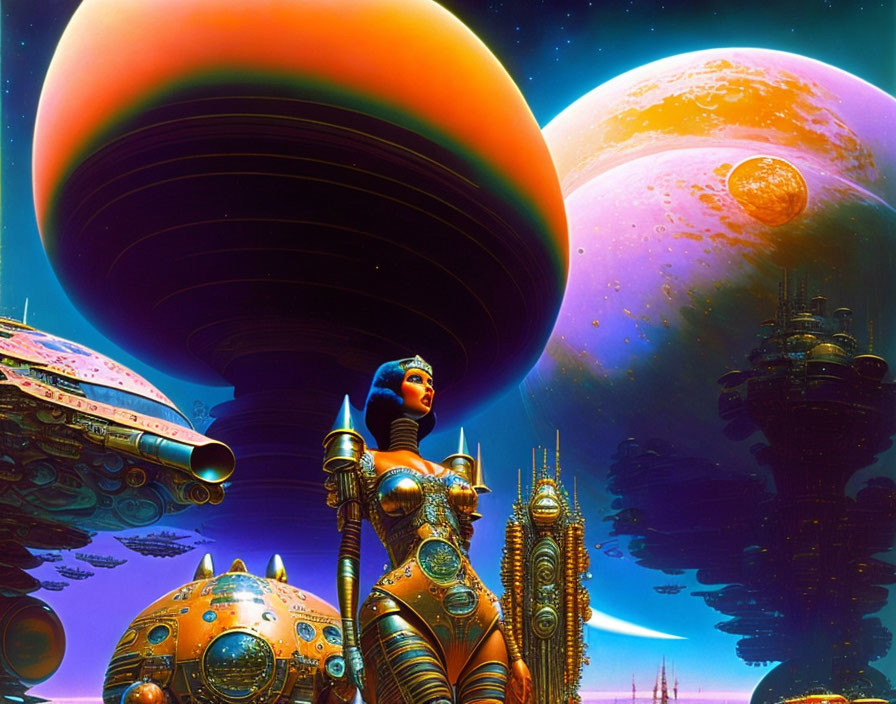 Futuristic sci-fi scene with humanoid robot, alien planets, and spacecraft