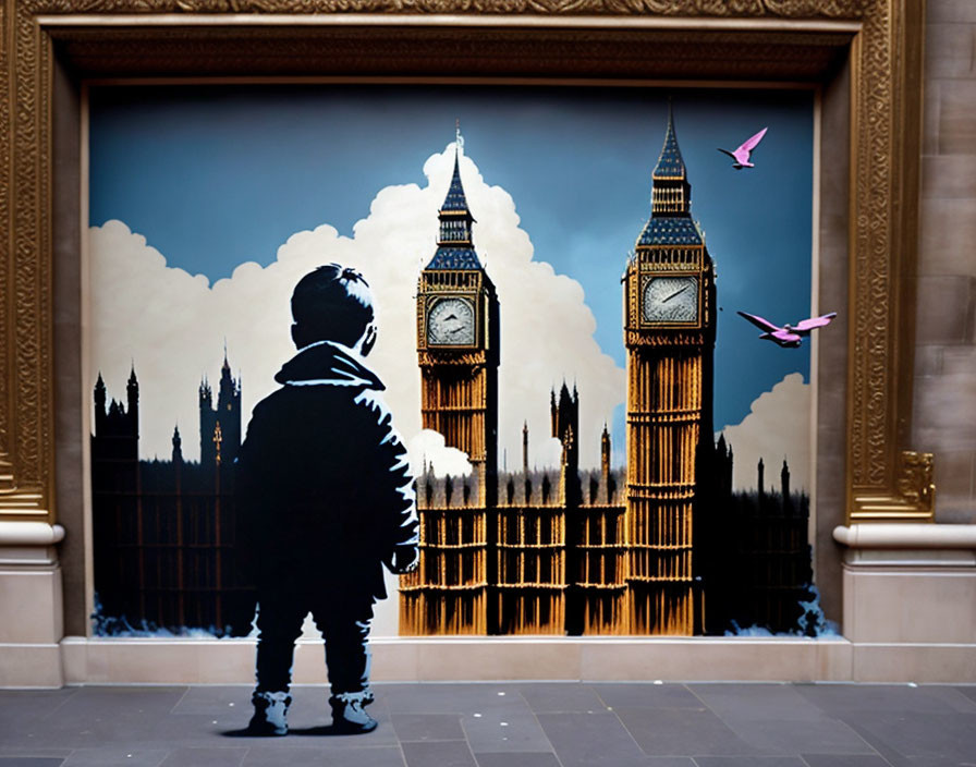 Child silhouette in front of Big Ben mural with clouds and birds.