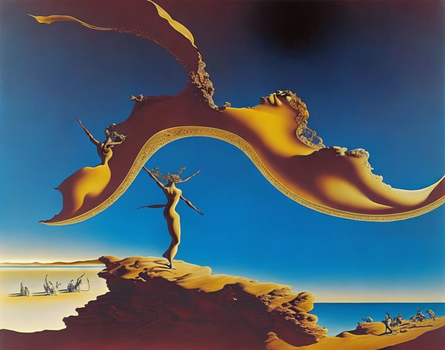 Surrealist painting of woman on desert cliff under morphing golden sky