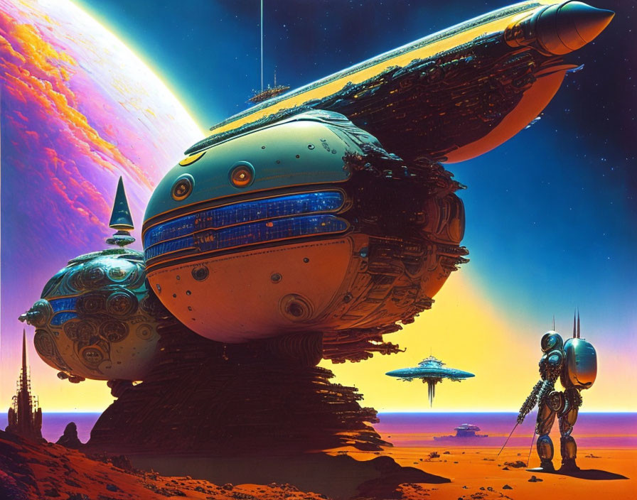 Detailed spaceship on alien desert with figures and giant planet