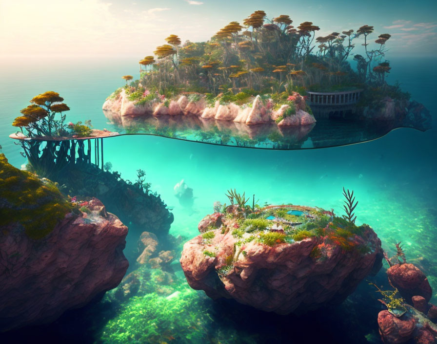 Fantastical landscape with floating islands and Greco-Roman architecture