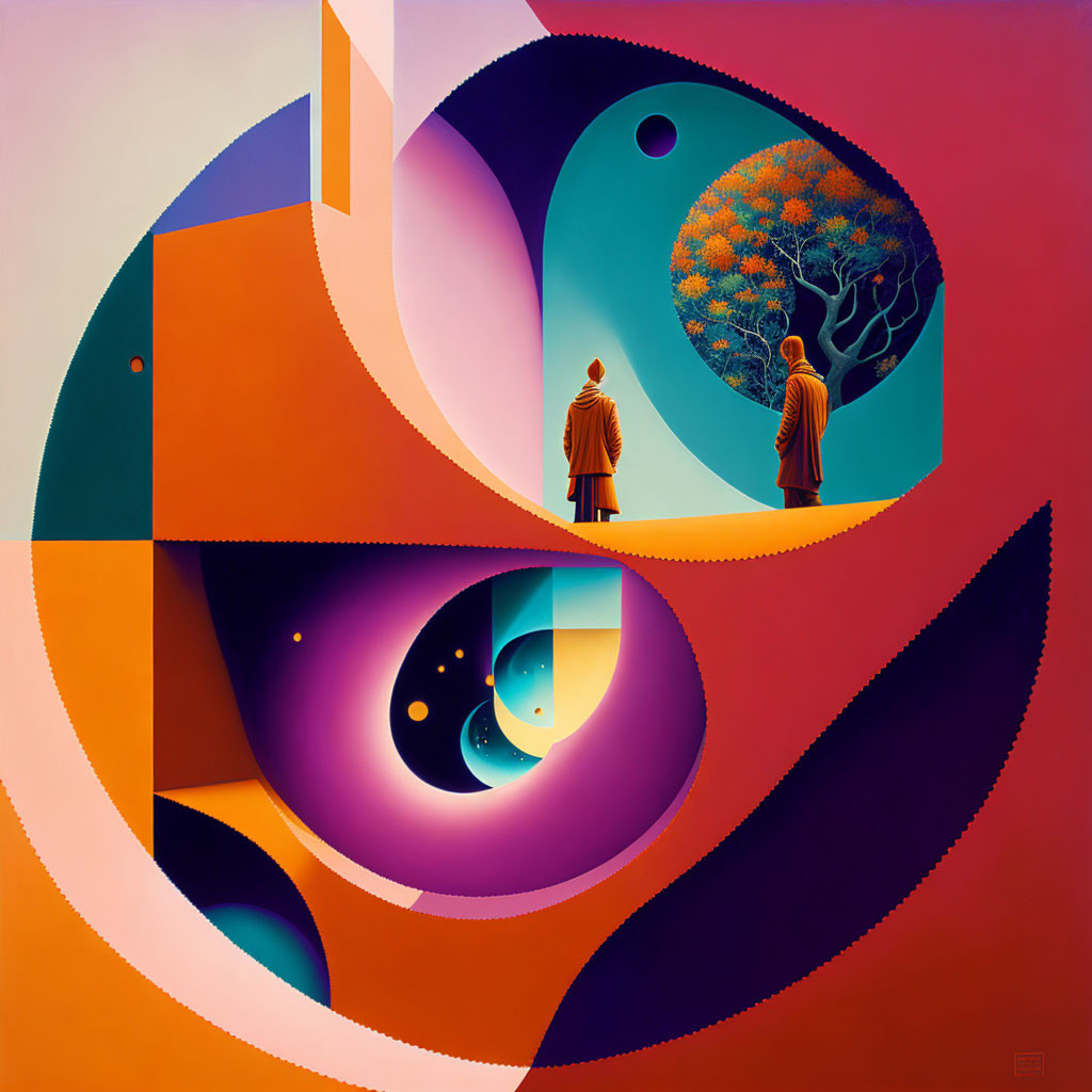 Colorful Abstract Art: Two Human Figures in Surreal Environment