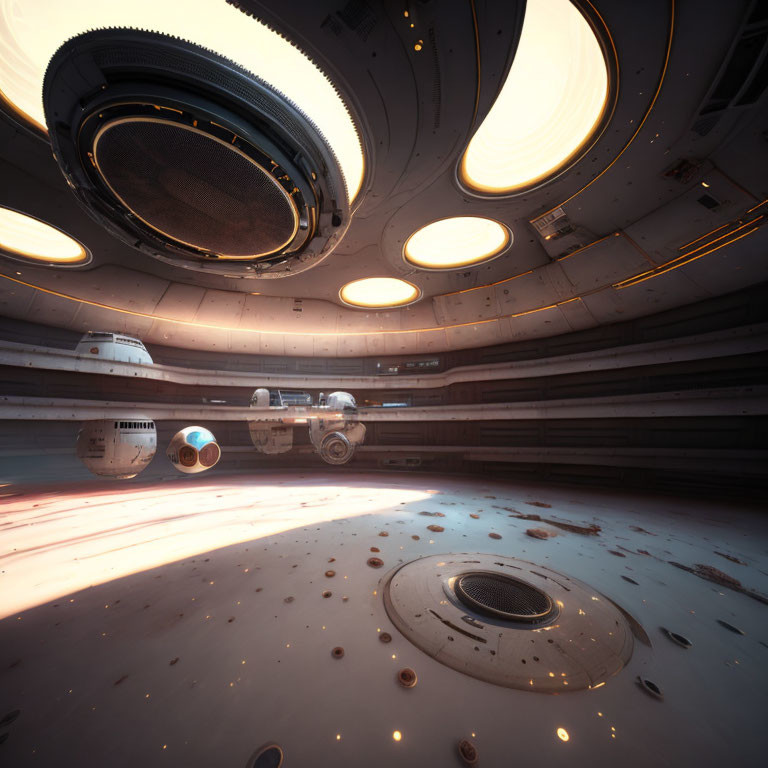 Circular Design Spaceship Interior with Overhead Lights and Floating Robotic Spheres