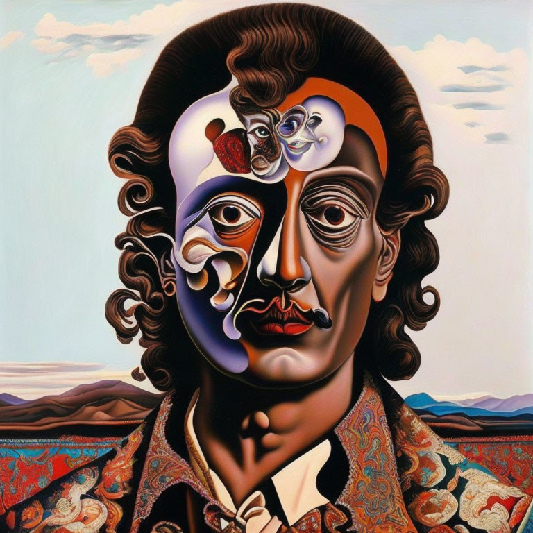 Surrealist portrait with multiple faces against landscape backdrop