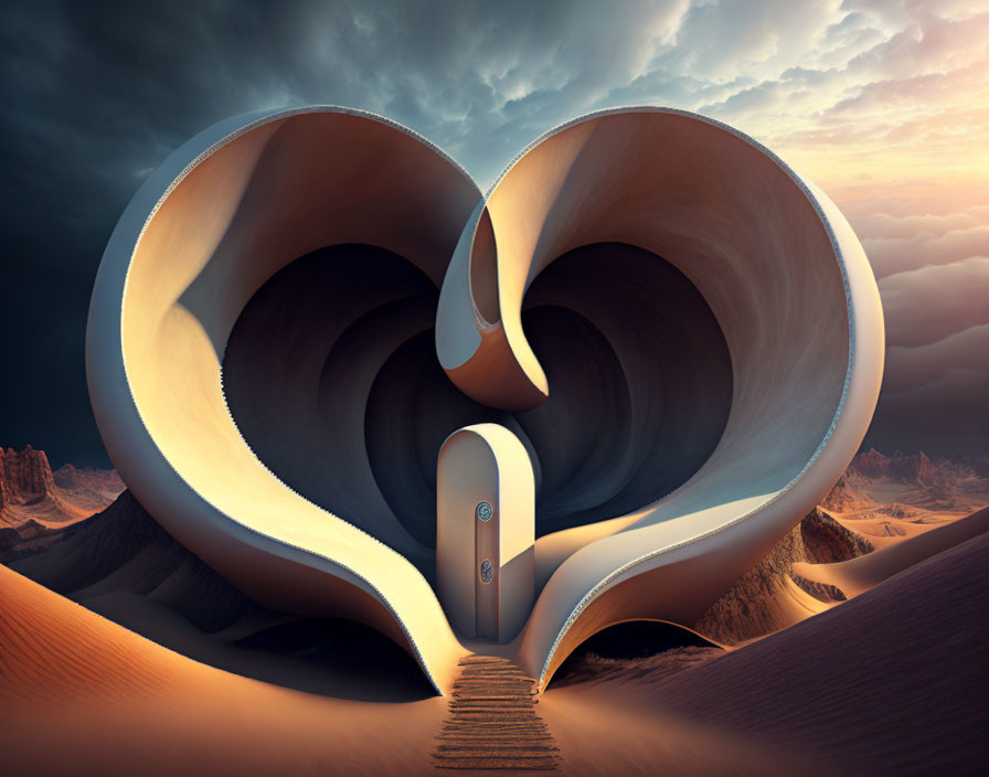 Heart-shaped structure with open door in desert landscape.