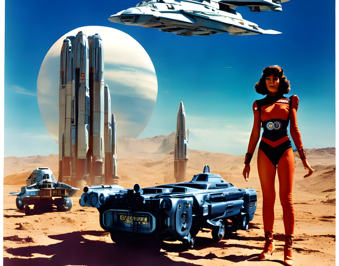 Person in space suit on desert planet with spaceships and base