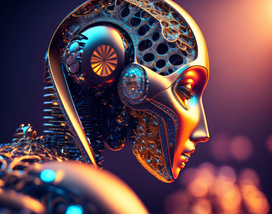 Detailed Robotic Head Profile with Intricate Patterns and Warm Glowing Lights