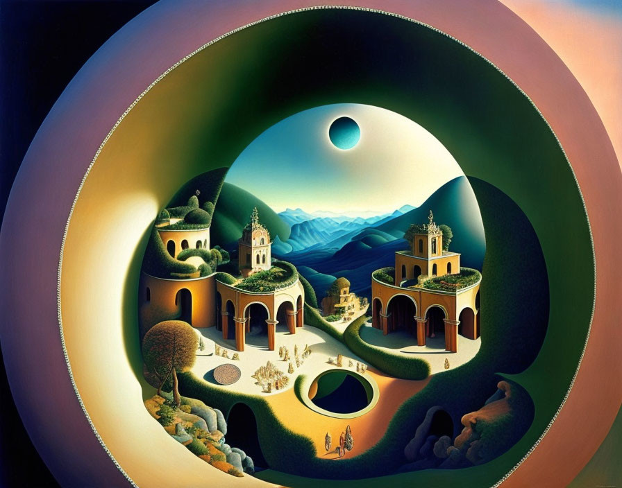 Surreal circular landscape with buildings and mountains in layered orb