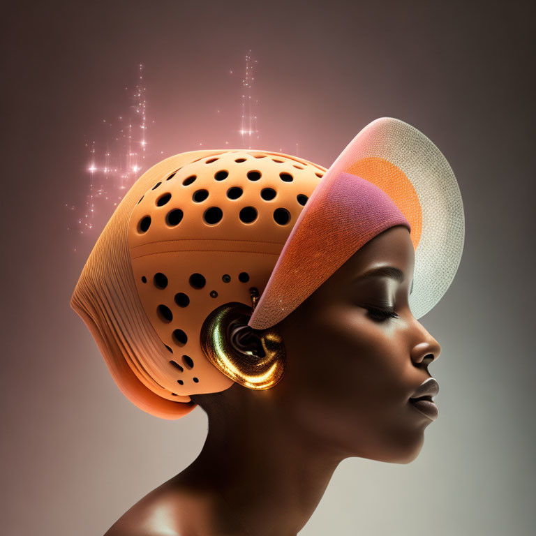 Woman with elegant makeup and avant-garde hat against gradient background