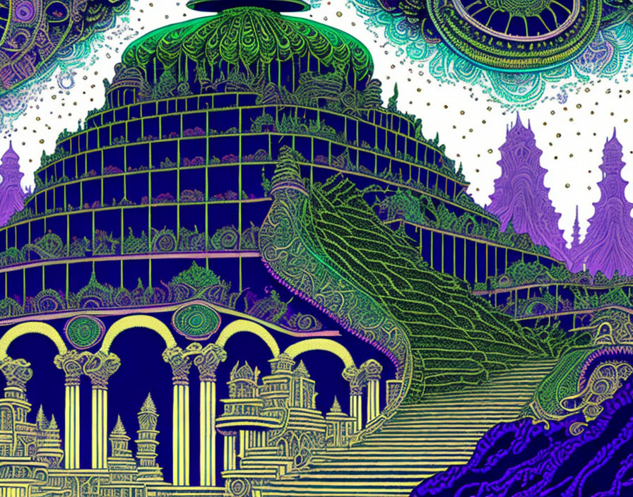 Colorful Psychedelic Illustration with Intricate Patterns and Fantastical Architecture