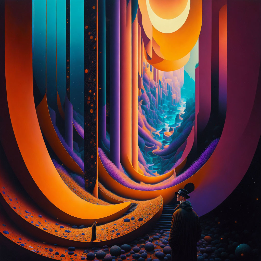 Person in hat gazes at surreal landscape with orange structures, river, suns, and starry