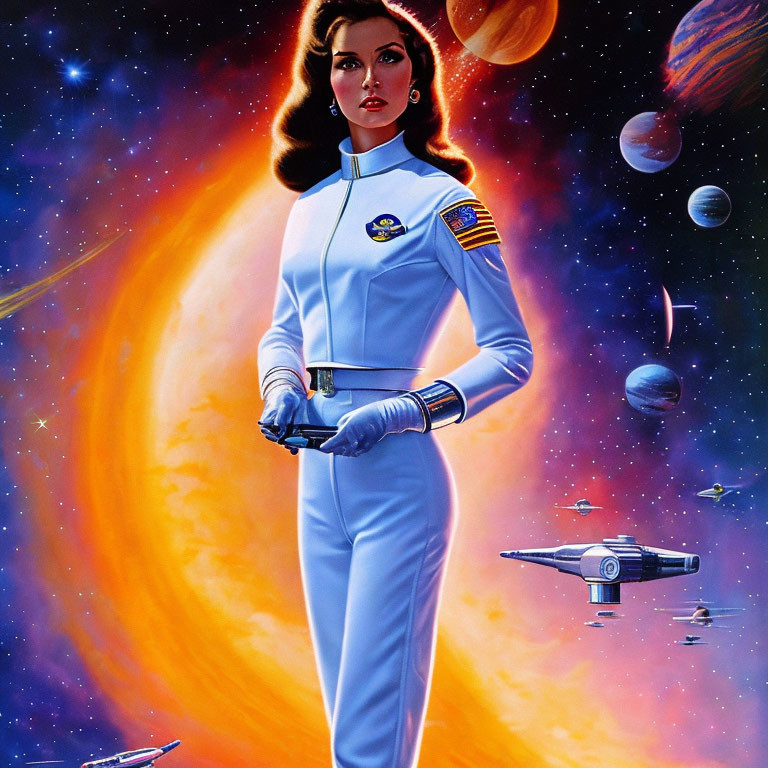 Retro-futuristic woman in space uniform against cosmic backdrop