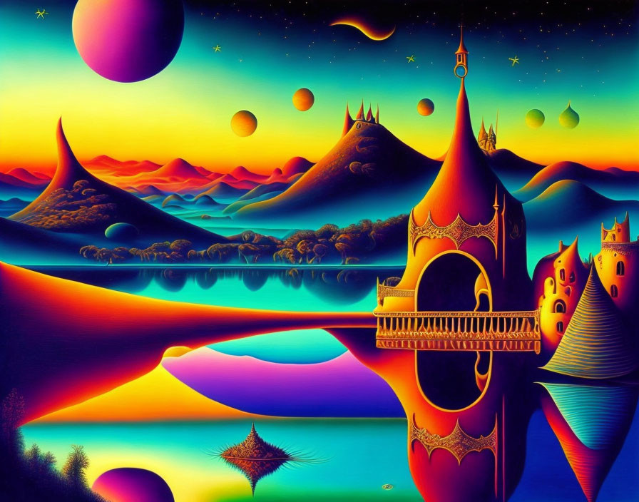 Colorful surreal landscape with whimsical castles and celestial bodies