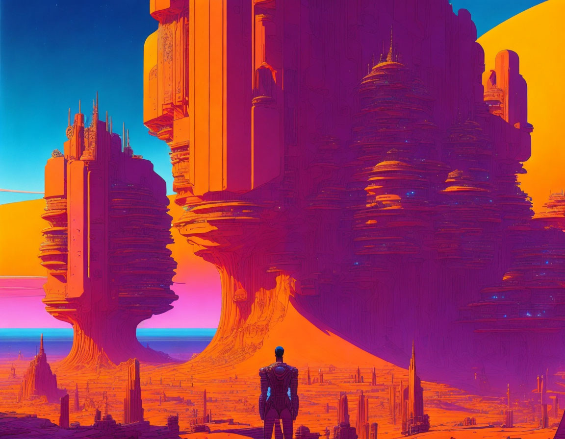 Person in Futuristic Alien Landscape with Towering Structures