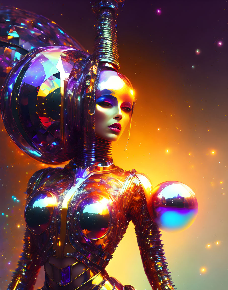 Reflective metallic female robot with gem-like adornments in cosmic setting