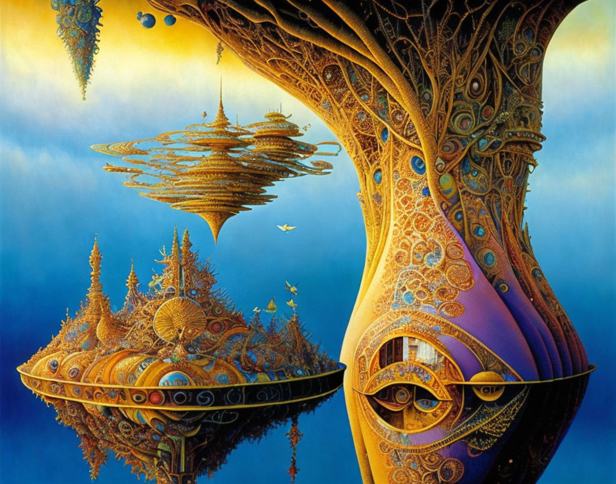 Fantasy artwork: surreal ornate tree with golden floating islands in misty blue background