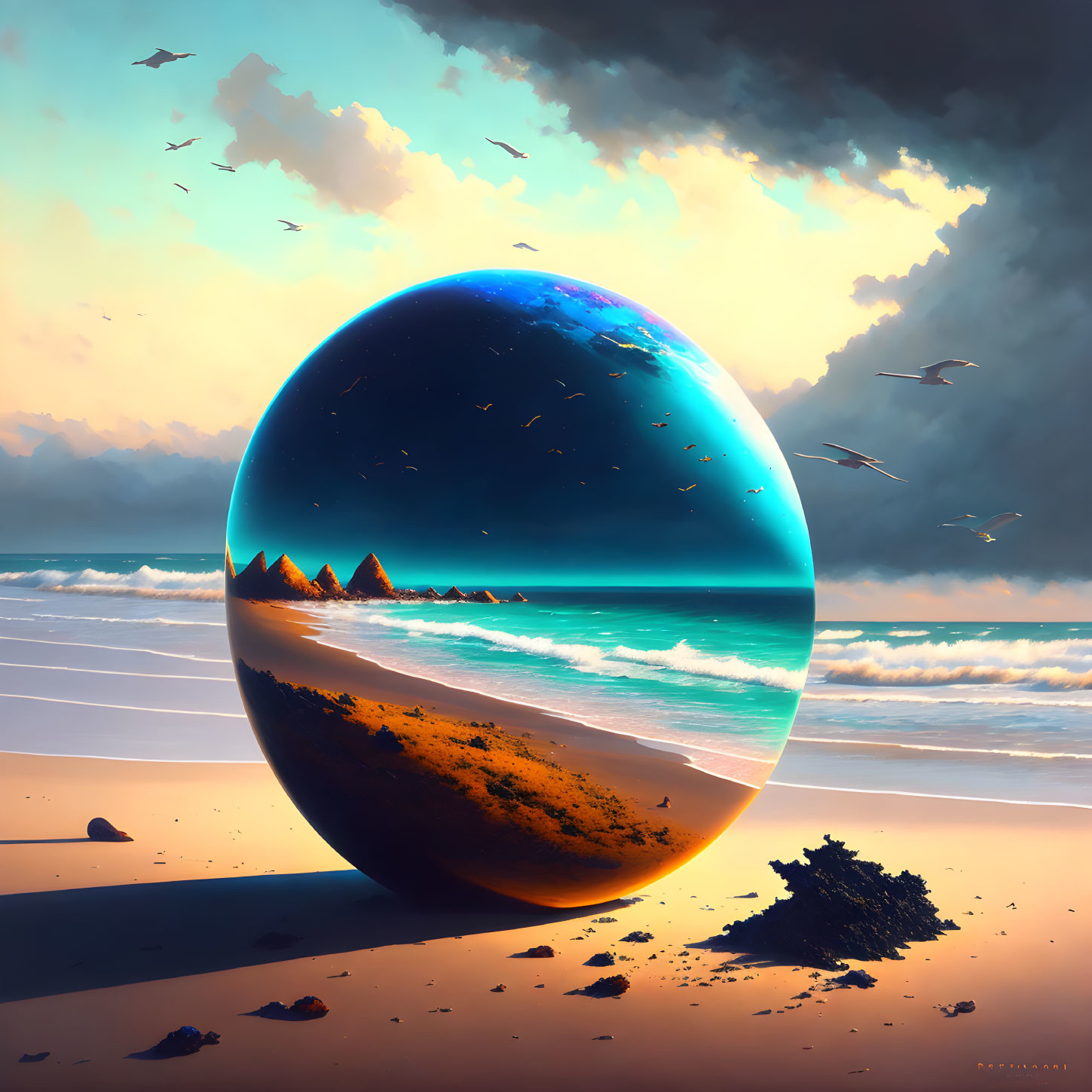 Surreal beach scene with reflective sphere, inverted seascape, birds, and colorful sky