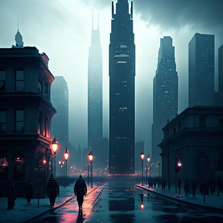 Cityscape at Dusk: Moody Atmosphere, Illuminated Street Lamps, Skyscrapers