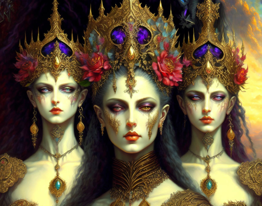 Three women wearing elaborate golden crowns and makeup with feathers, flowers, and jewels.